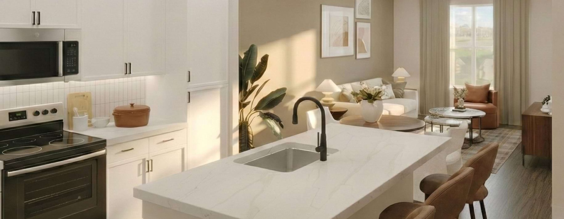 a kitchen with white cabinets