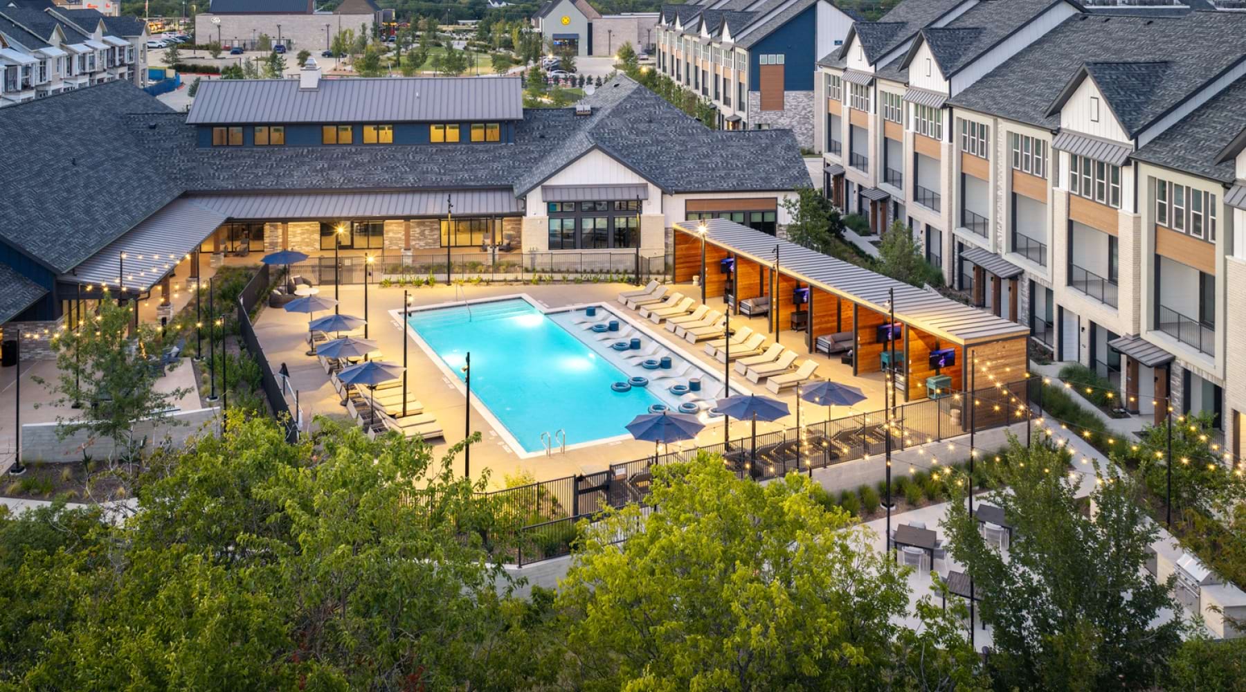 Aerial view of pool and cabanas