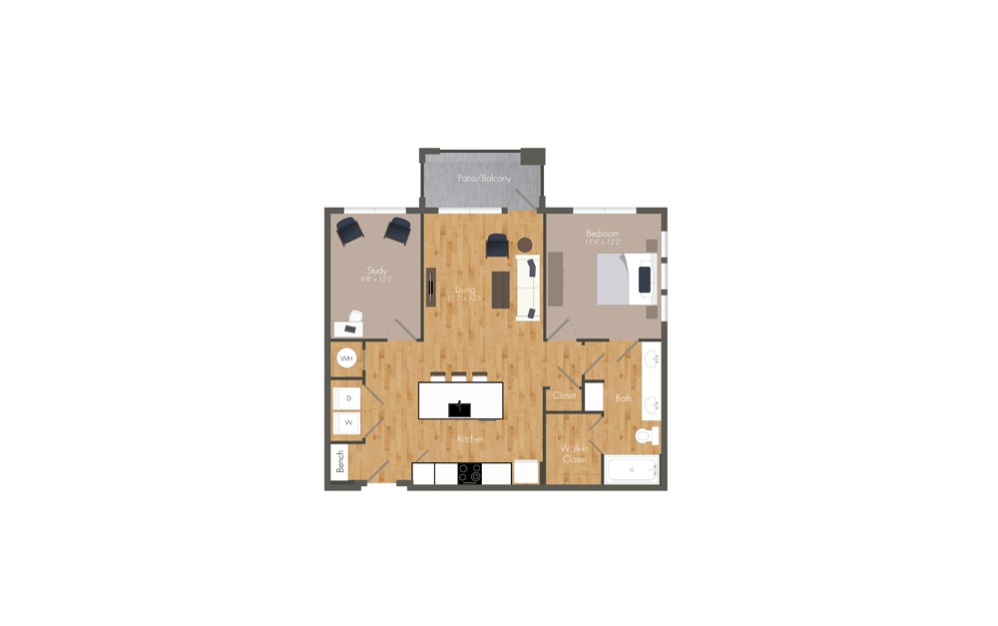 A4 - 1 bedroom floorplan layout with 1 bathroom and 820 square feet