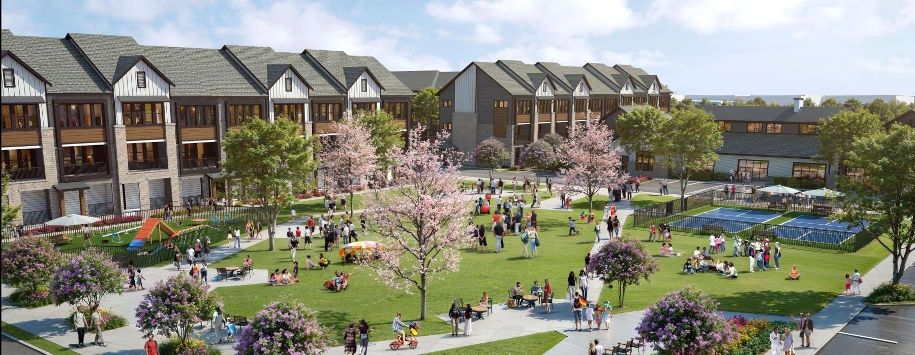 a group of people walking around a campus